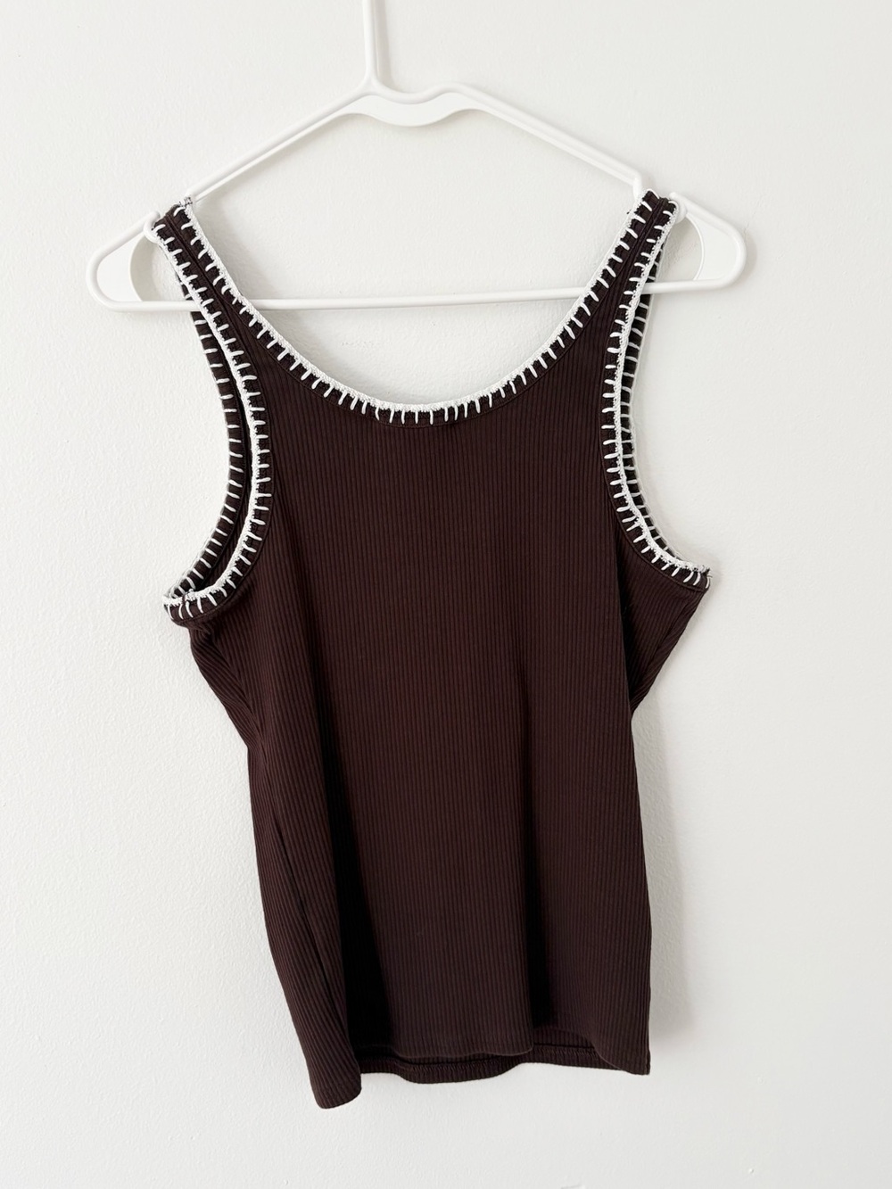 J Crew Brown Ribbed Scoop Neck White Braided Neckline Tank Top Size Medium - Picture 7 of 9